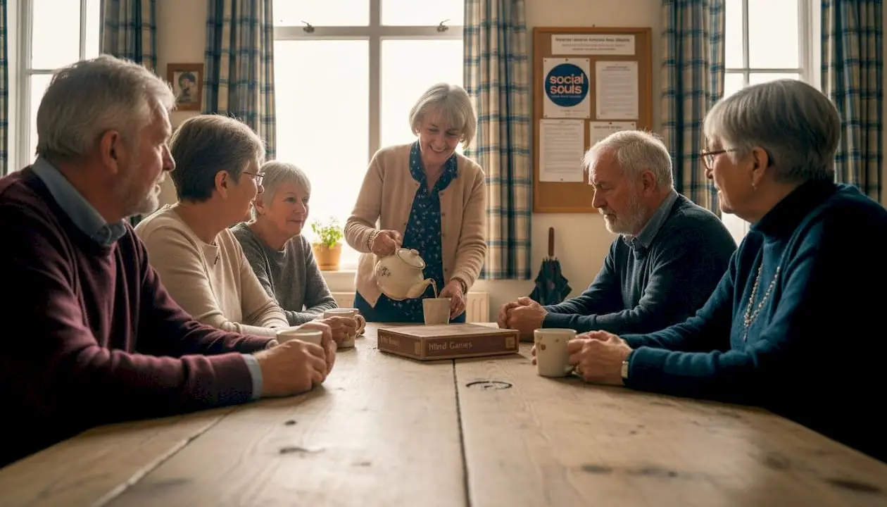 Seniors chatting at community center table