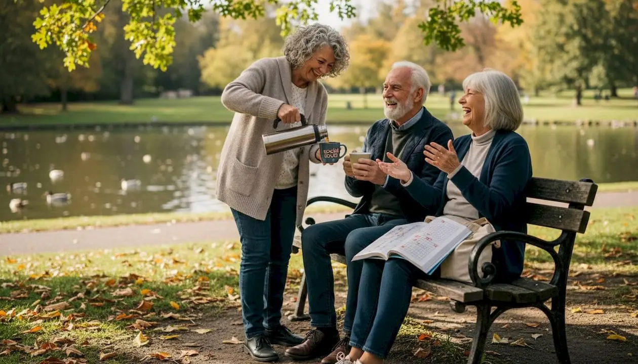 Three seniors chatting on city park bench