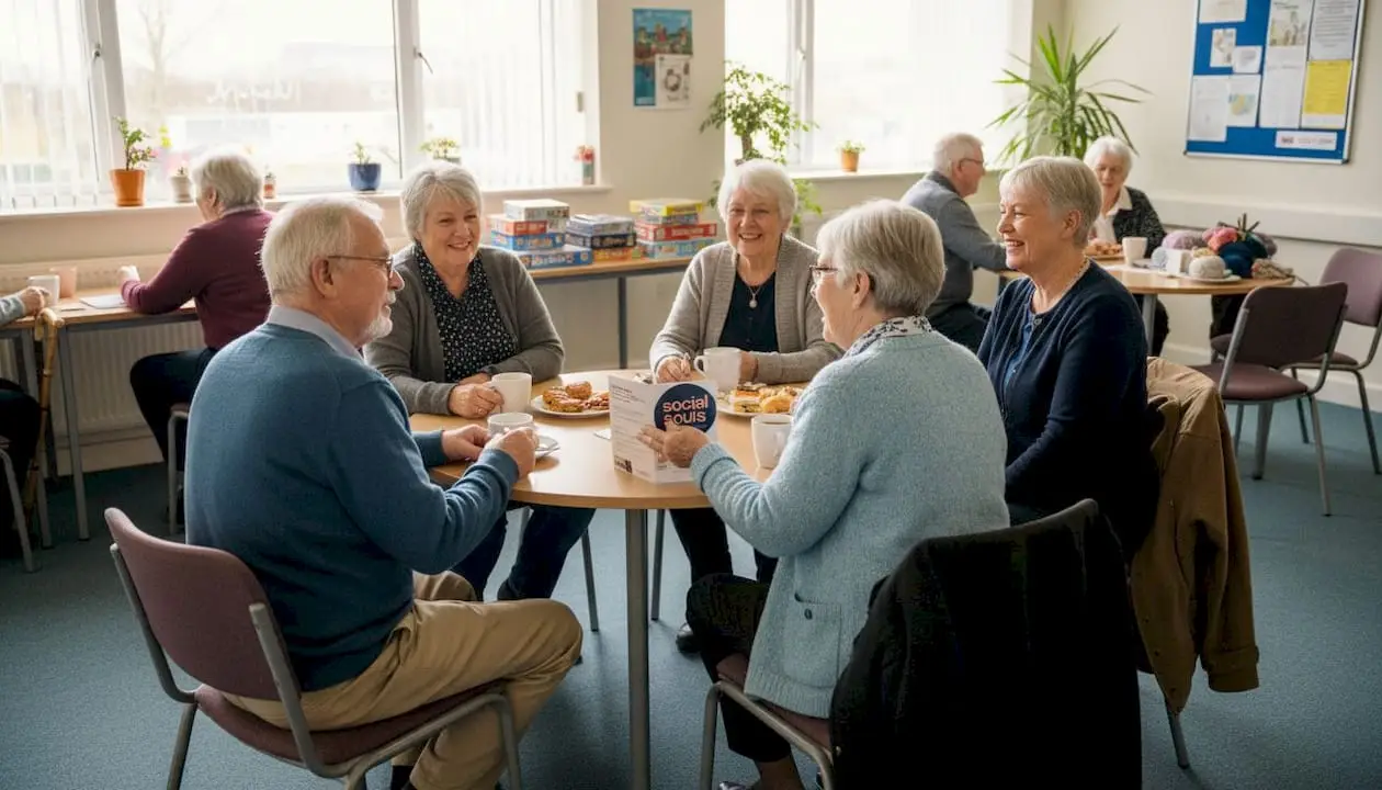 Older adults chatting at community center table