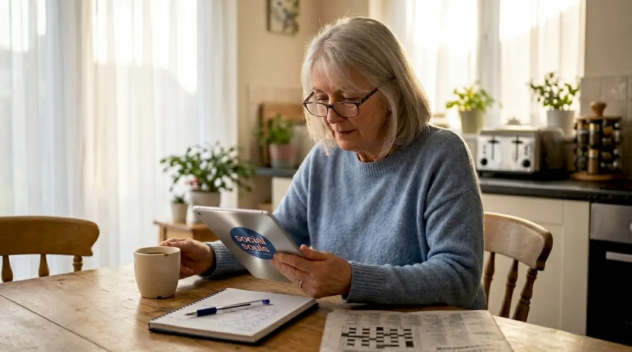 Senior woman using tablet at home table