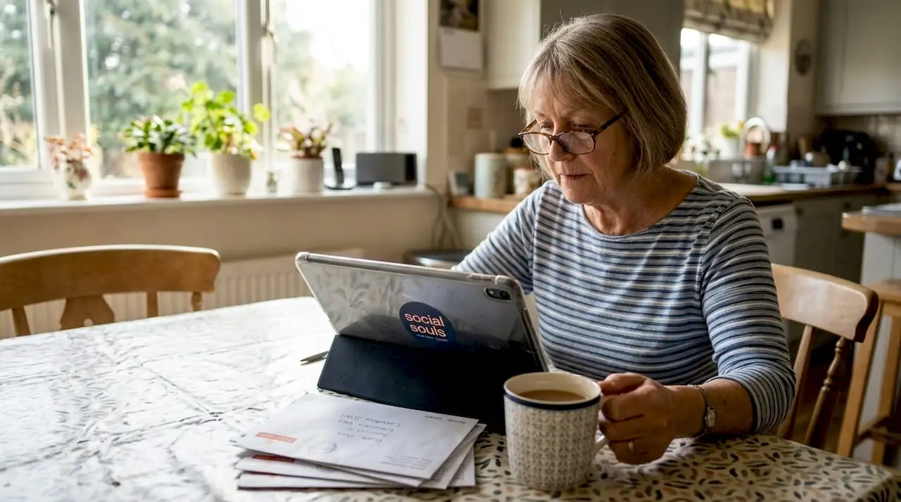 Older woman using tablet at kitchen table