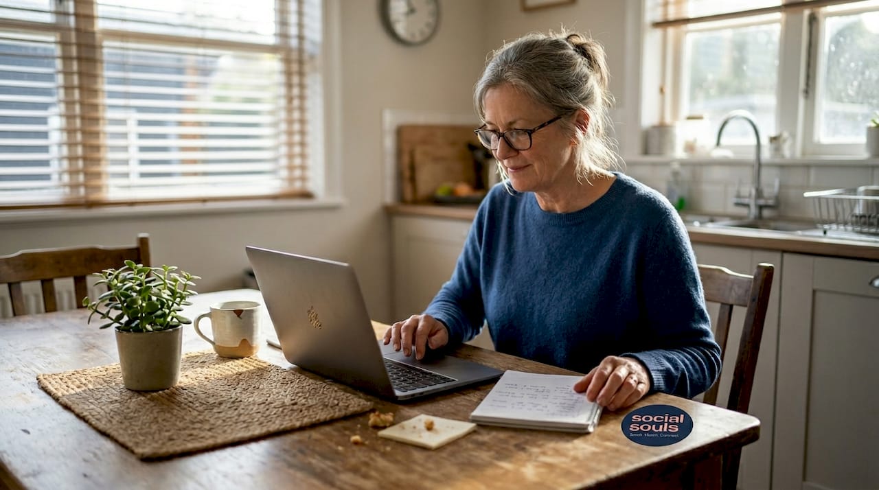 Older woman using laptop for online community