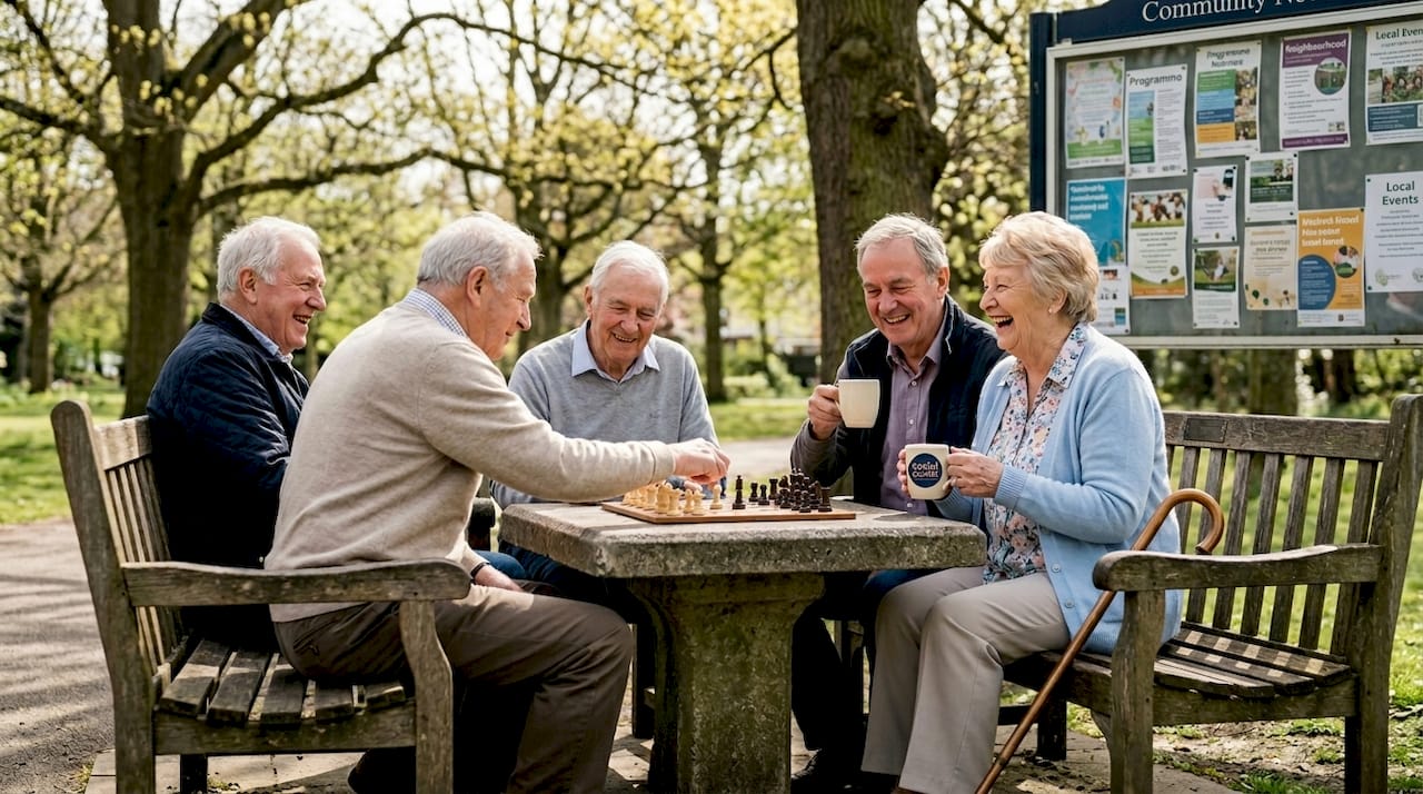 Seniors gathered chatting in sunny park