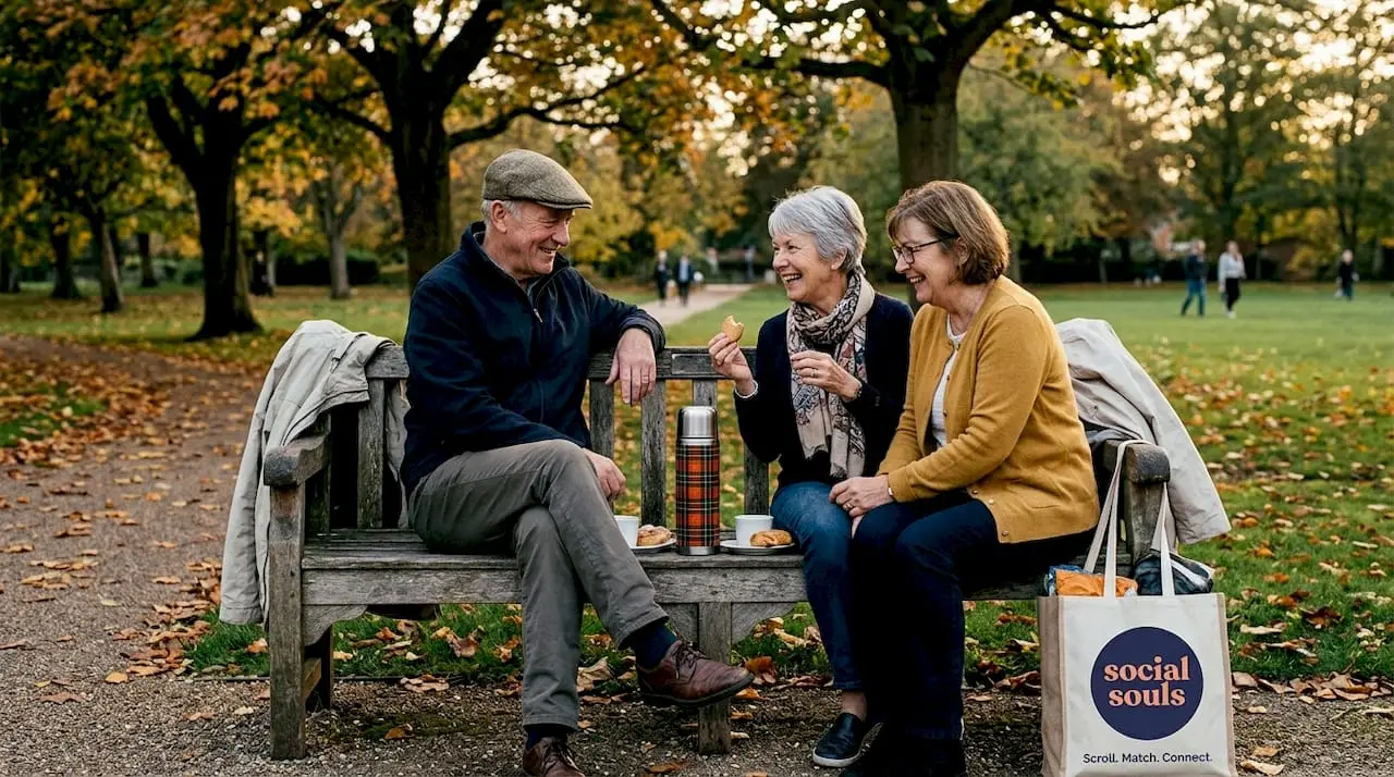 Three older friends laughing on park bench