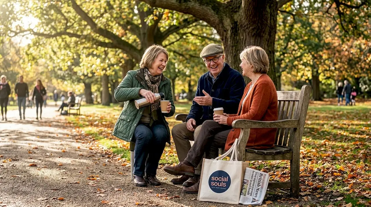 Older adults chatting together on park bench